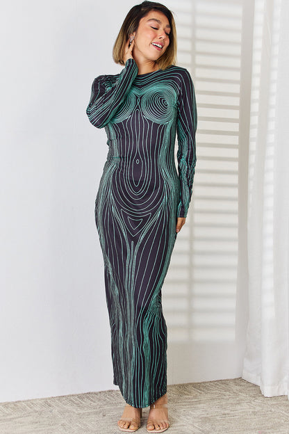 Cutout Round Neck Long Sleeve Maxi Dress Black