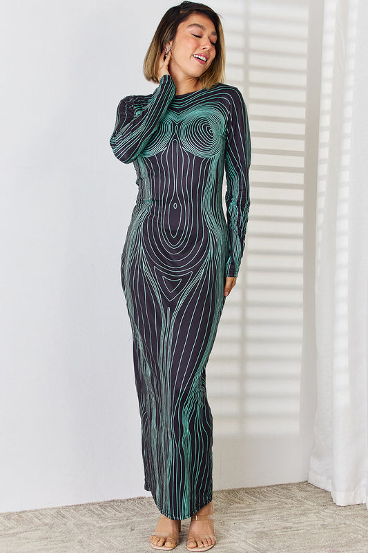 Cutout Round Neck Long Sleeve Maxi Dress Black