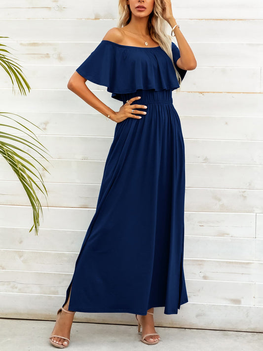 Off-Shoulder Slit Maxi Dress Dark Blue