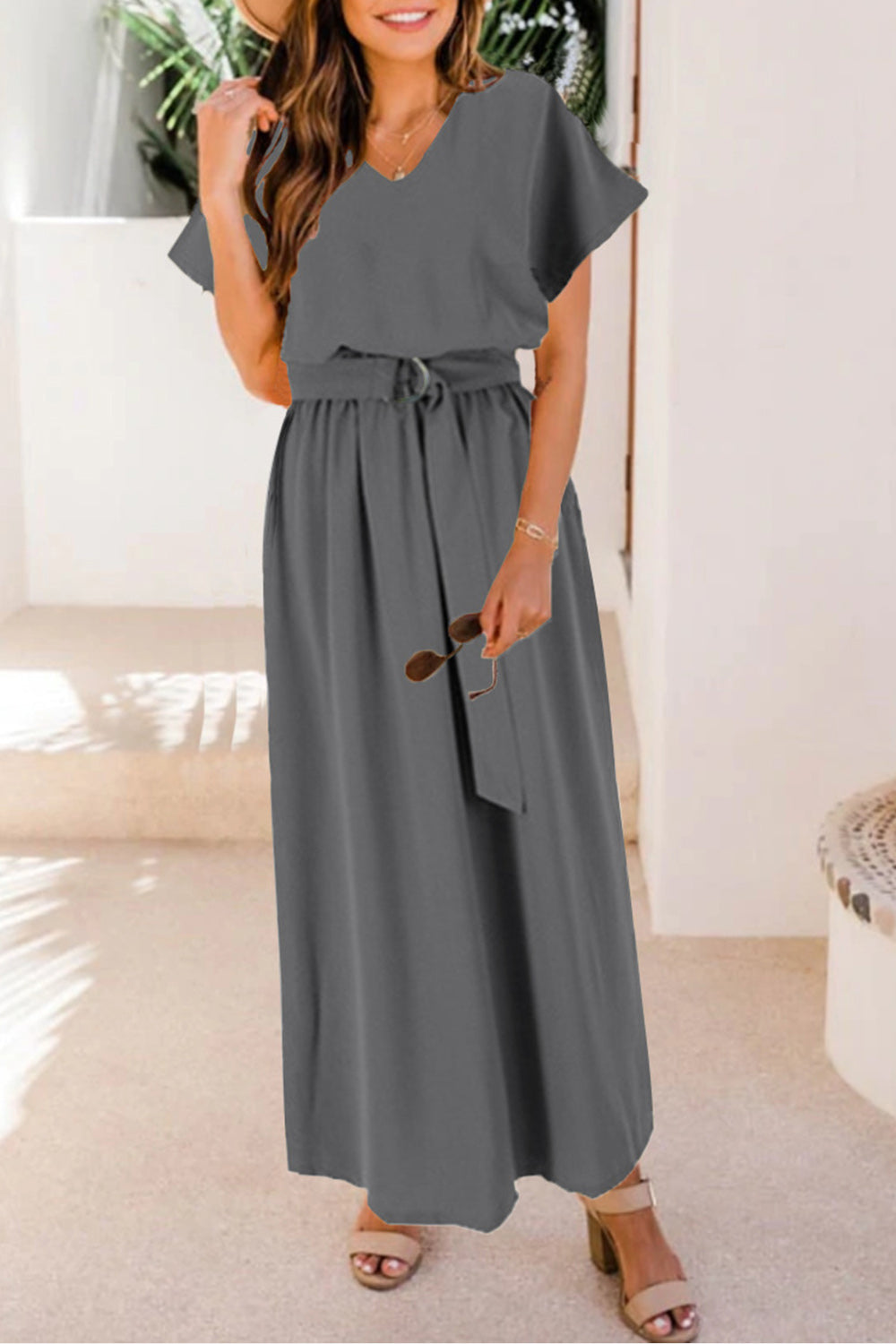Ruched V-Neck Cap Sleeve Dress Dark Gray