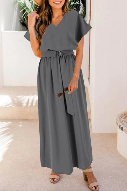Ruched V-Neck Cap Sleeve Dress Dark Gray