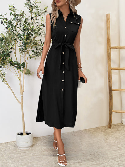 Perfee Button Up Sleeveless Midi Dress Black