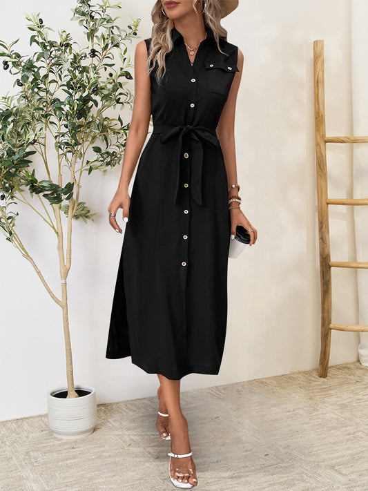Perfee Button Up Sleeveless Midi Dress Black