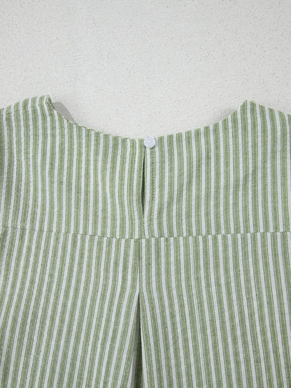 Stripe Textured Round Neck Short Puff Sleeve Blouse