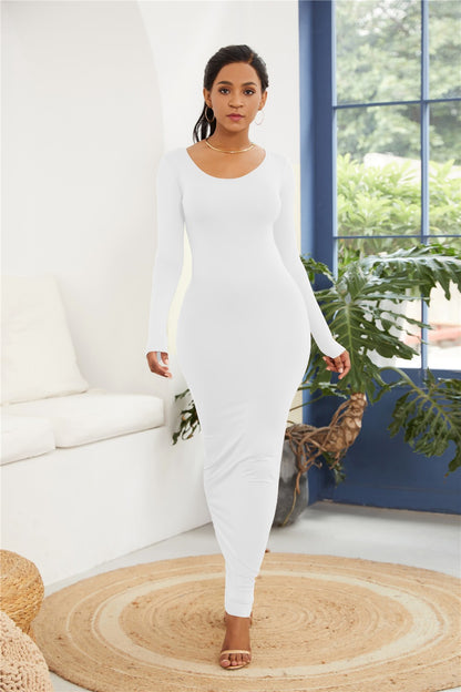 Round Neck Long Sleeve Maxi Wrap Dress White