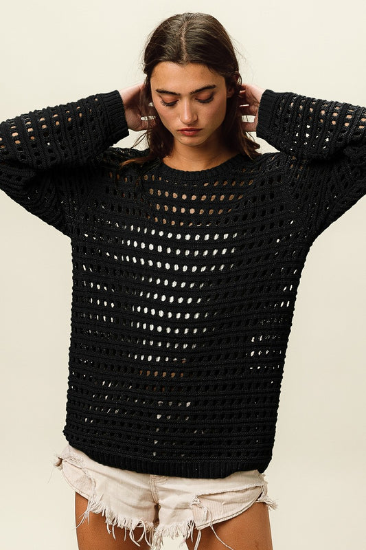 BiBi Round Neck Openwork Knit Cover Up Black