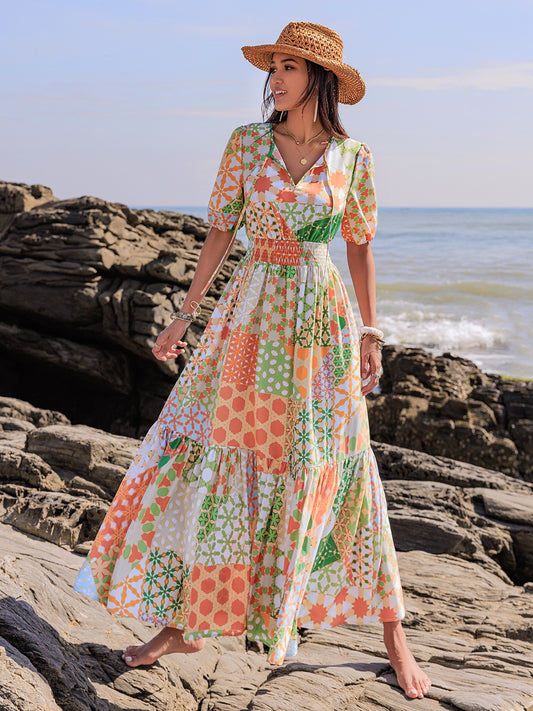 Printed Smocked Waist Short Sleeve Maxi Dress Tangerine