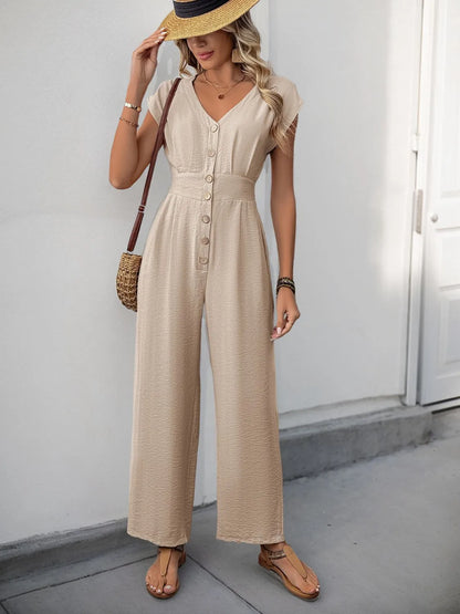 V-Neck Wide Leg Jumpsuit Tan