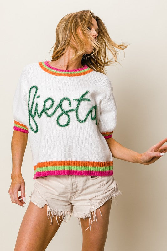 BiBi FIESTA Metallic Letter Short Puff Sleeve Sweater Green
