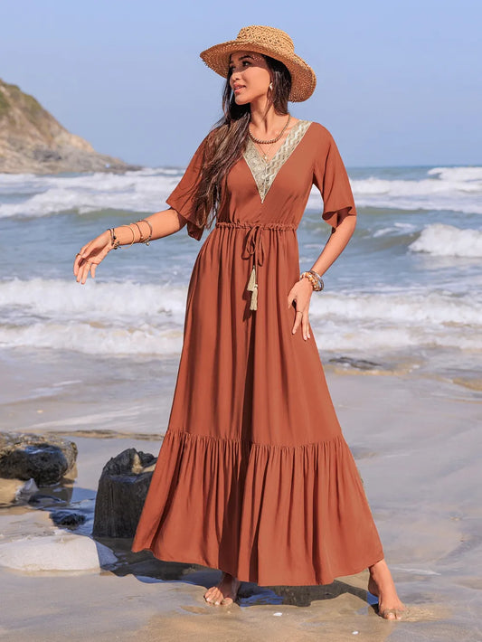 Ruffled Tassel V-Neck Flutter Sleeve Dress Terracotta