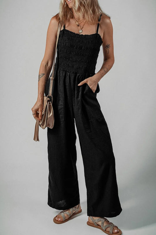 Smocked Spaghetti Straps Wide Leg Jumpsuit Black
