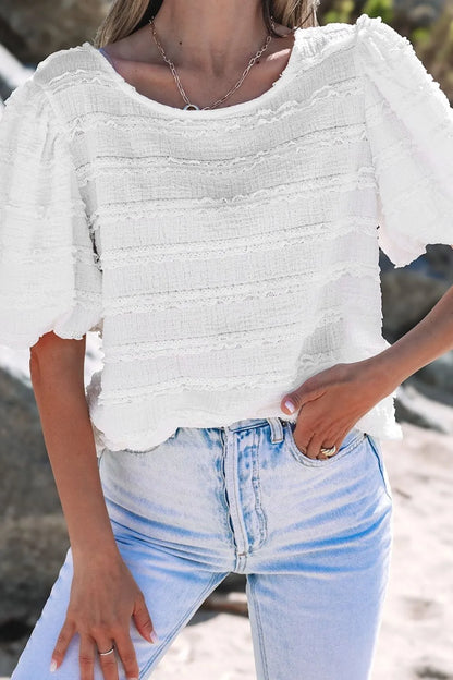 Frilled Lace Trim Bubble Sleeve Blouse