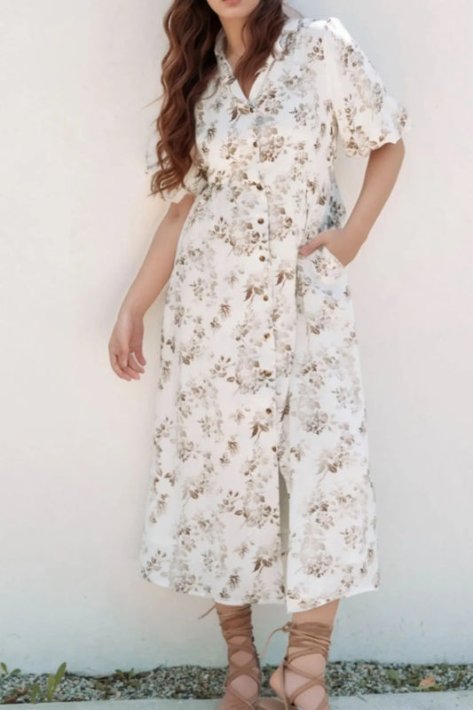 Printed Button Front Puff Sleeve Dress White