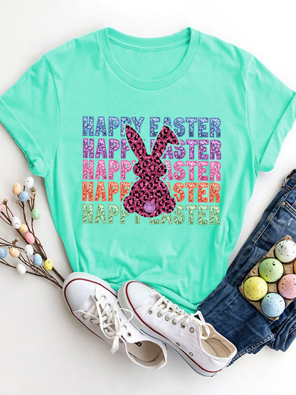 HAPPY EASTER Round Neck Short Sleeve T-Shirt Aqua