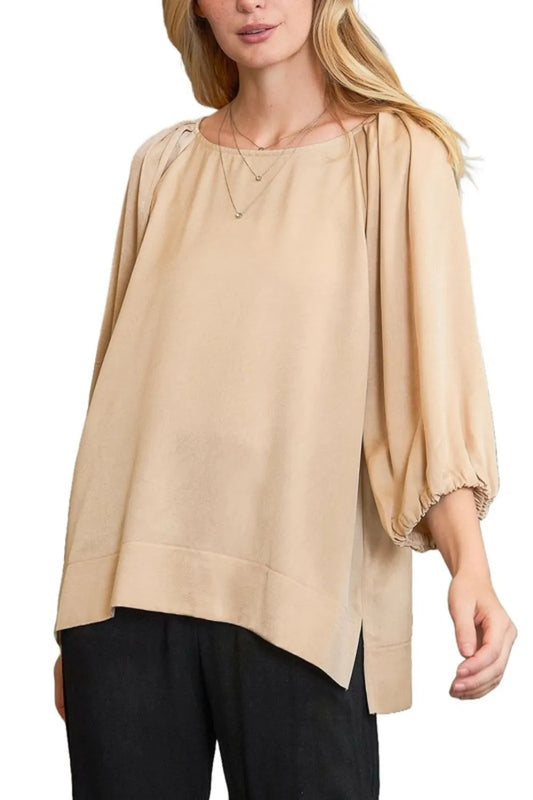 Umgee Full Size Crinkled Satin Top Plus Size Tan