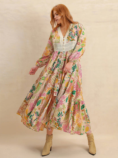 Plus Size Lace Detail Printed V-Neck Balloon Sleeve Dress