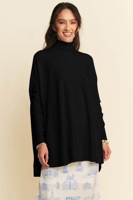 Davi & Dani High-Low Turtleneck Long Sleeve Knit Top Black