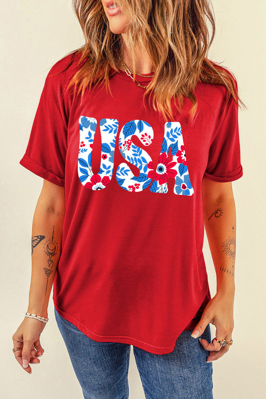 USA Round Neck Short Sleeve T-Shirt Deep Red