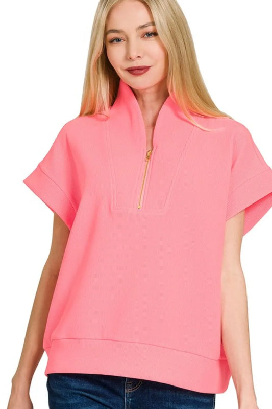 Zenana Ribbed High Neck Half Zip Top BRIGHT PINK