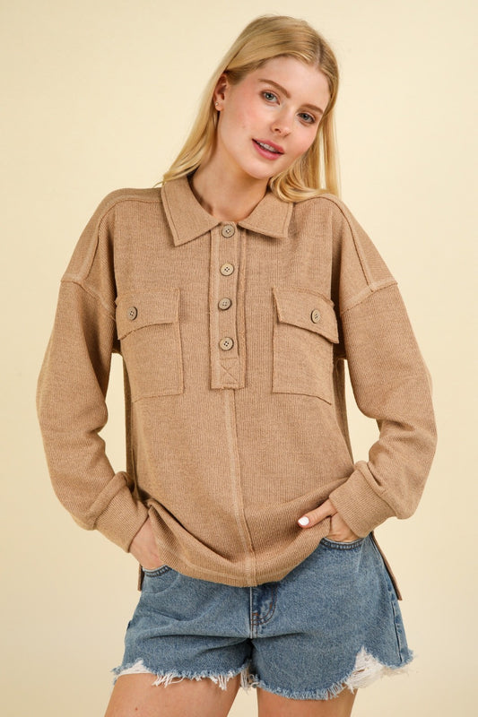 VERY J Collared Half Button Knit Top with Pockets Taupe