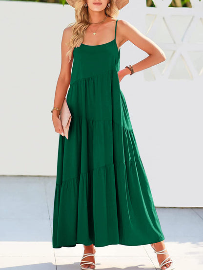Full Size Ruched Tiered Spaghetti Strap Dress Dark Green