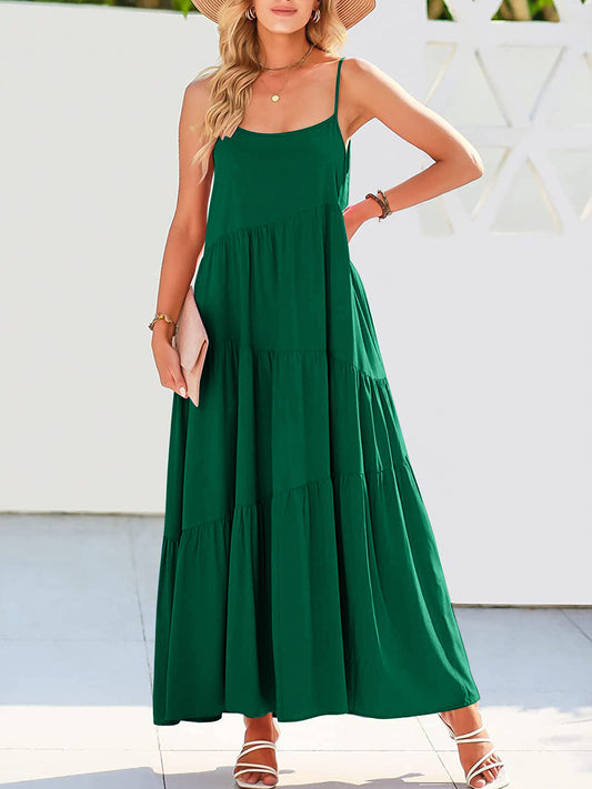Full Size Ruched Tiered Spaghetti Strap Dress Dark Green