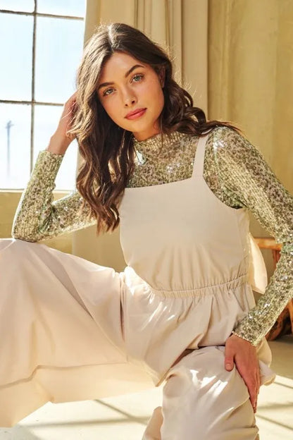 Davi & Dani Creased Wide Legs Elastic Waist Jumpsuit