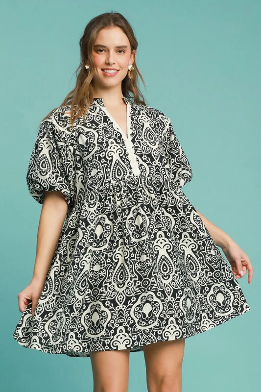 Umgee Full Size Abstract Print Puff Sleeve Dress Plus Size Black