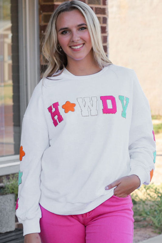 HOWDY Patch Graphic Round Neck Sweatshirt White