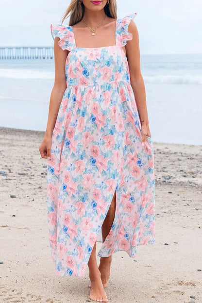 Floral Colorblock Flutter Straps Flowy Dress