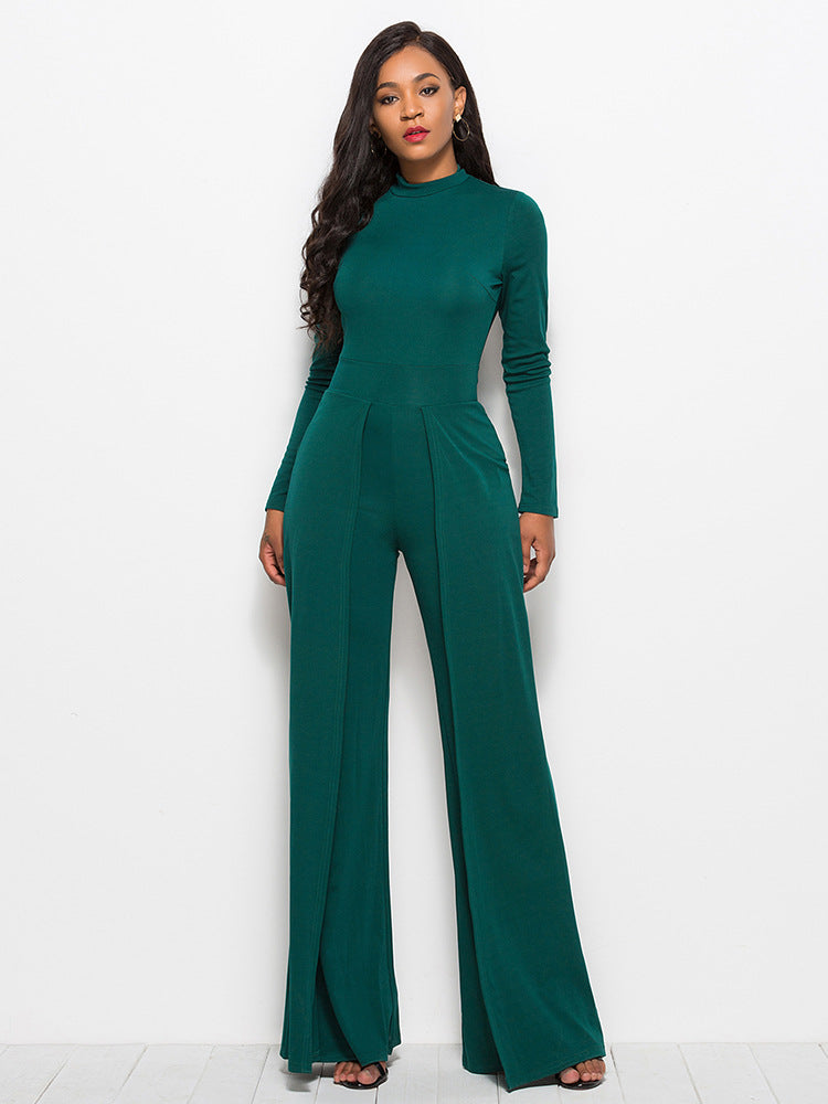 Long Sleeve Mock Neck Wide Leg Jumpsuit Dark Green