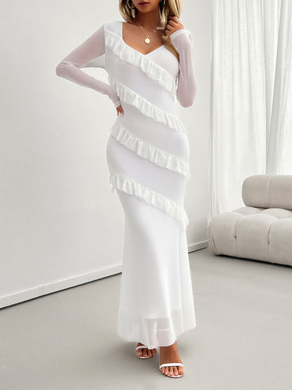 Devine Ruffled Surplice Long Sleeve Maxi Dress White