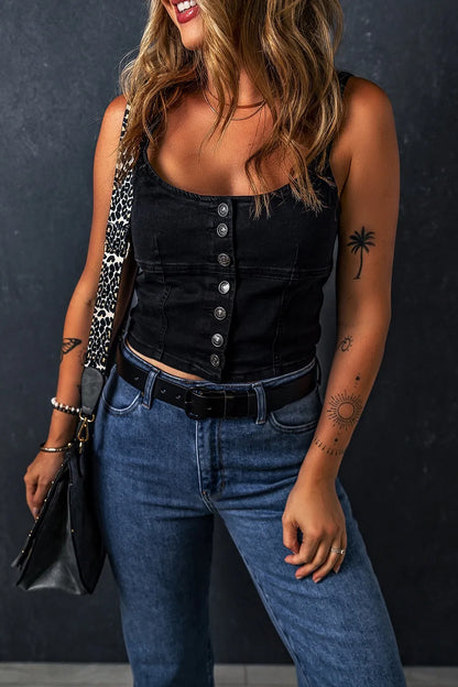 Acid Wash Buttoned Cropped Slim Denim Tank Top