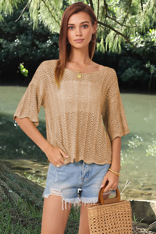 Openwork Round Neck Half Sleeve Knit Top Khaki