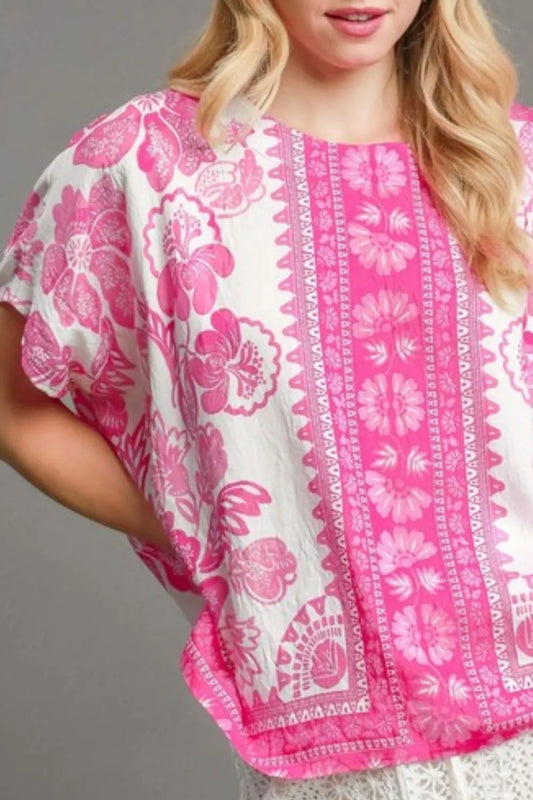 Umgee Full Size Floral Border Print Oversized Top Plus Size