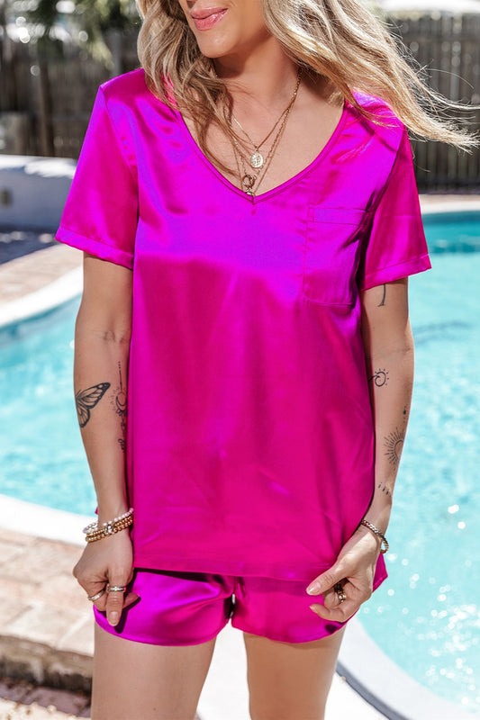 V-Neck Short Sleeve Top and Shorts Set Cerise