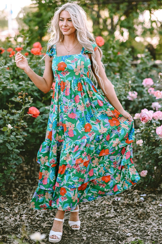 Tiered Ruffled Printed Sleeveless Dress Dark Green