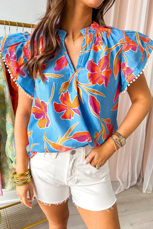 Floral Print Notched Pompom Trim Flutter Sleeve Blouse Sky Blue