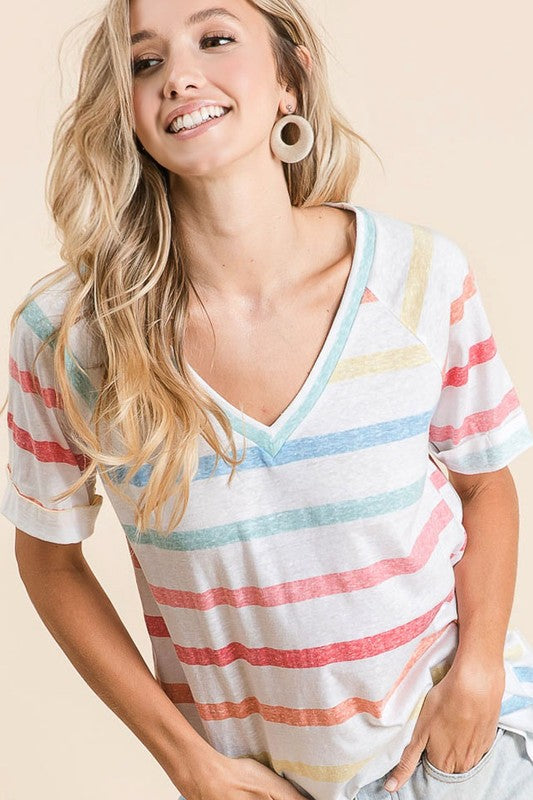 BiBi Striped V-Neck Short Sleeve T-Shirt