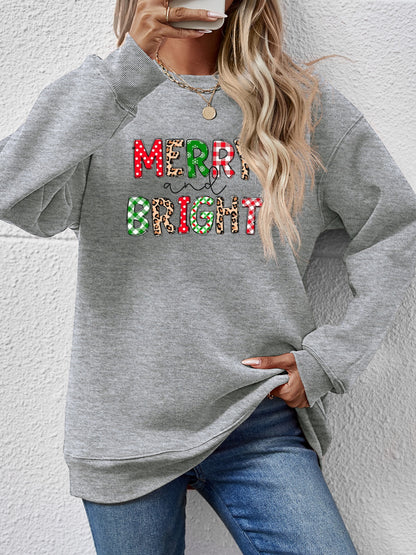MERRY AND BRIGHT Round Neck Sweatshirt Dark Gray