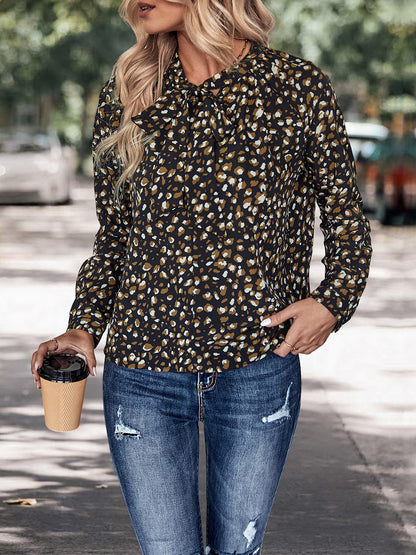 Perfee Printed Tie Neck Long Sleeve Top Black