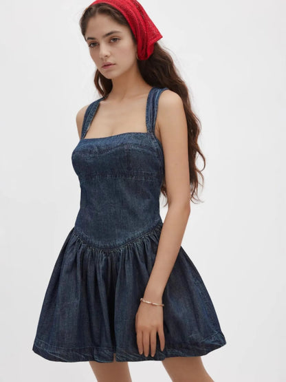 Smocked Crisscross Back Denim Mini Dress Dark Blue