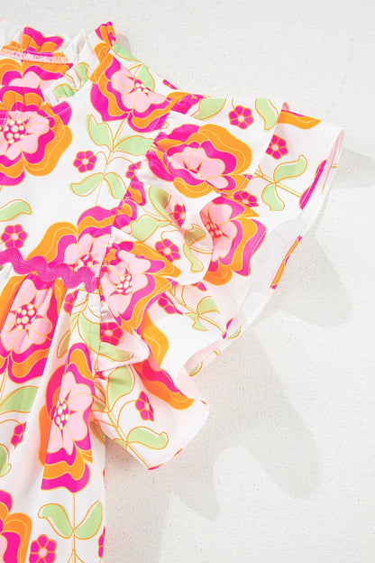 Floral Ruffled Sleeve Ric-Rac Trim Split Neck Loose Blouse