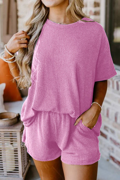 Round Neck Top and Pocketed Shorts Set Pink