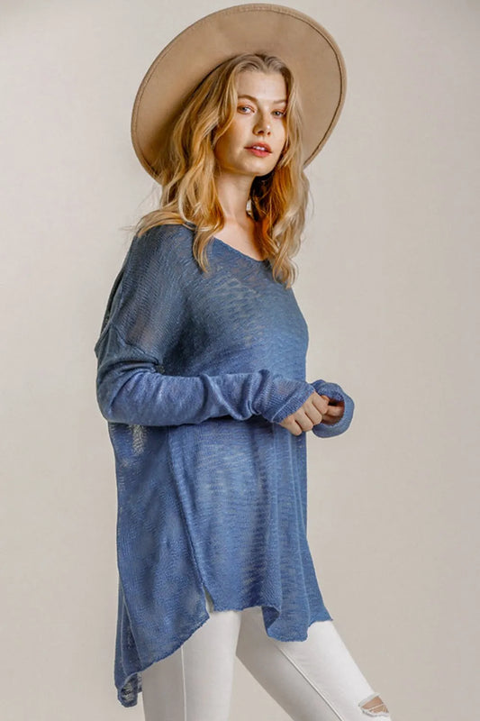 Umgee Full Size Dip Dye Loose Knit Side Slit Knit Top Plus Size