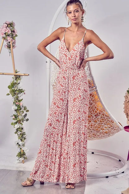 BiBi Floral Print Cirnkled Gauze Spaghetti Strap Jumpsuit