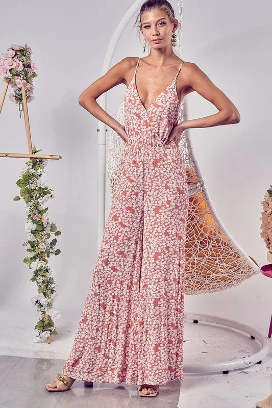 BiBi Floral Print Cirnkled Gauze Spaghetti Strap Jumpsuit