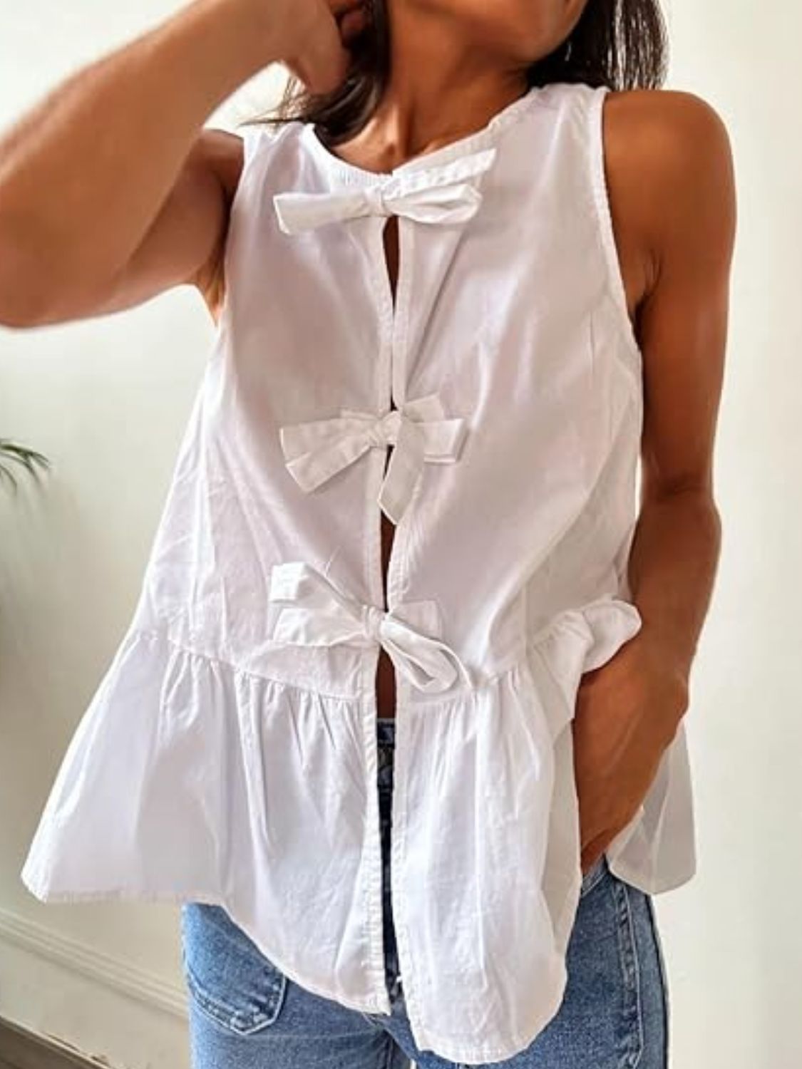 Tied Striped Round Neck Tank White