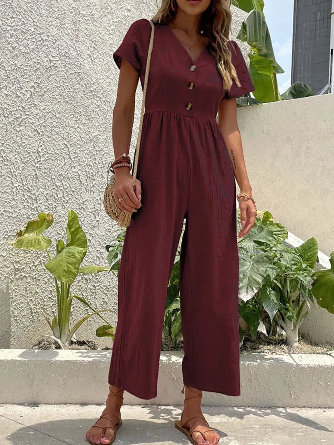 V-Neck Short Sleeve Wide Leg Jumpsuit Burgundy