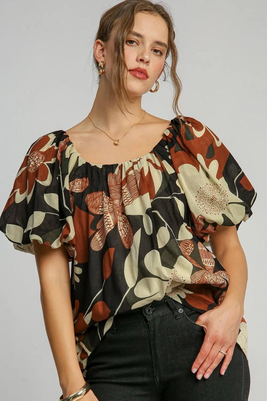 Umgee Full Size Print Round Neck Puff Sleeve Top Plus Size RUST MIX